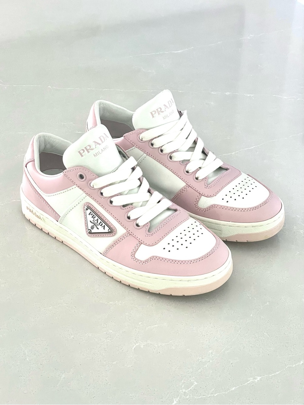 Authentic Prada Downtown Leather White/Pink Trainers Size 37 1/2